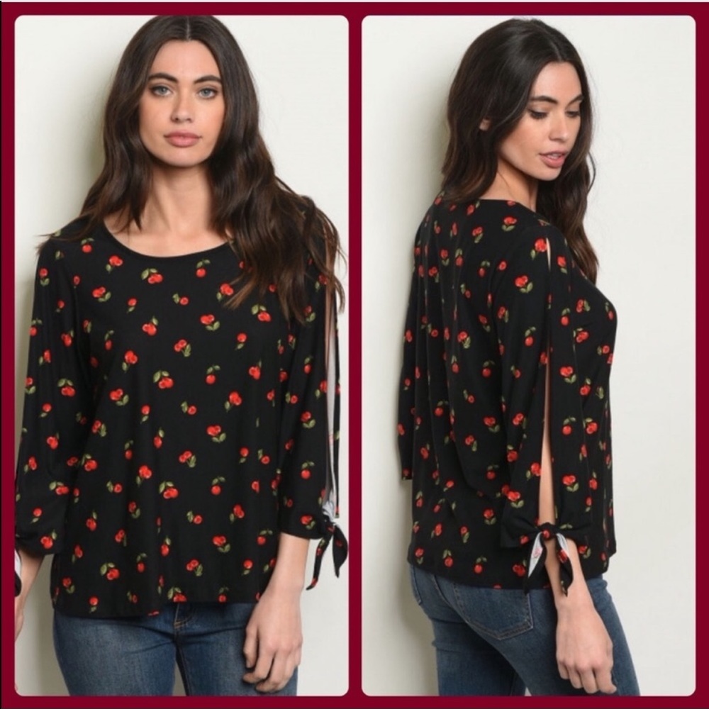 NWT Cherry Top With Split Sleeve Detail